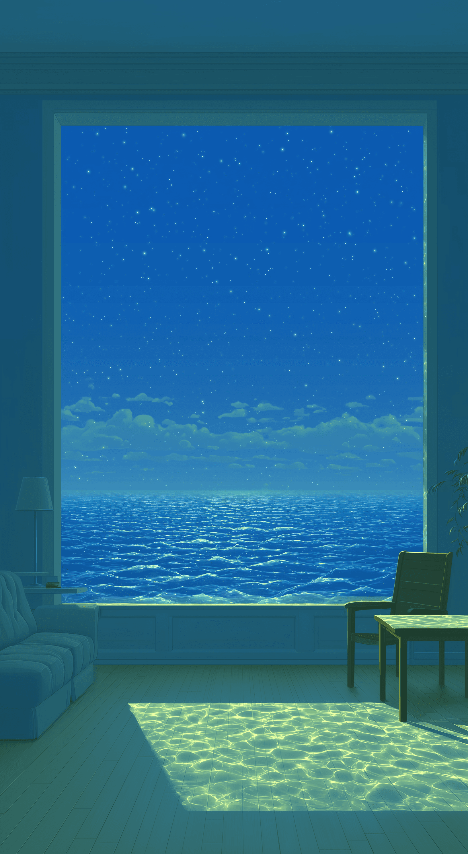 Aquarium-like window to starry night