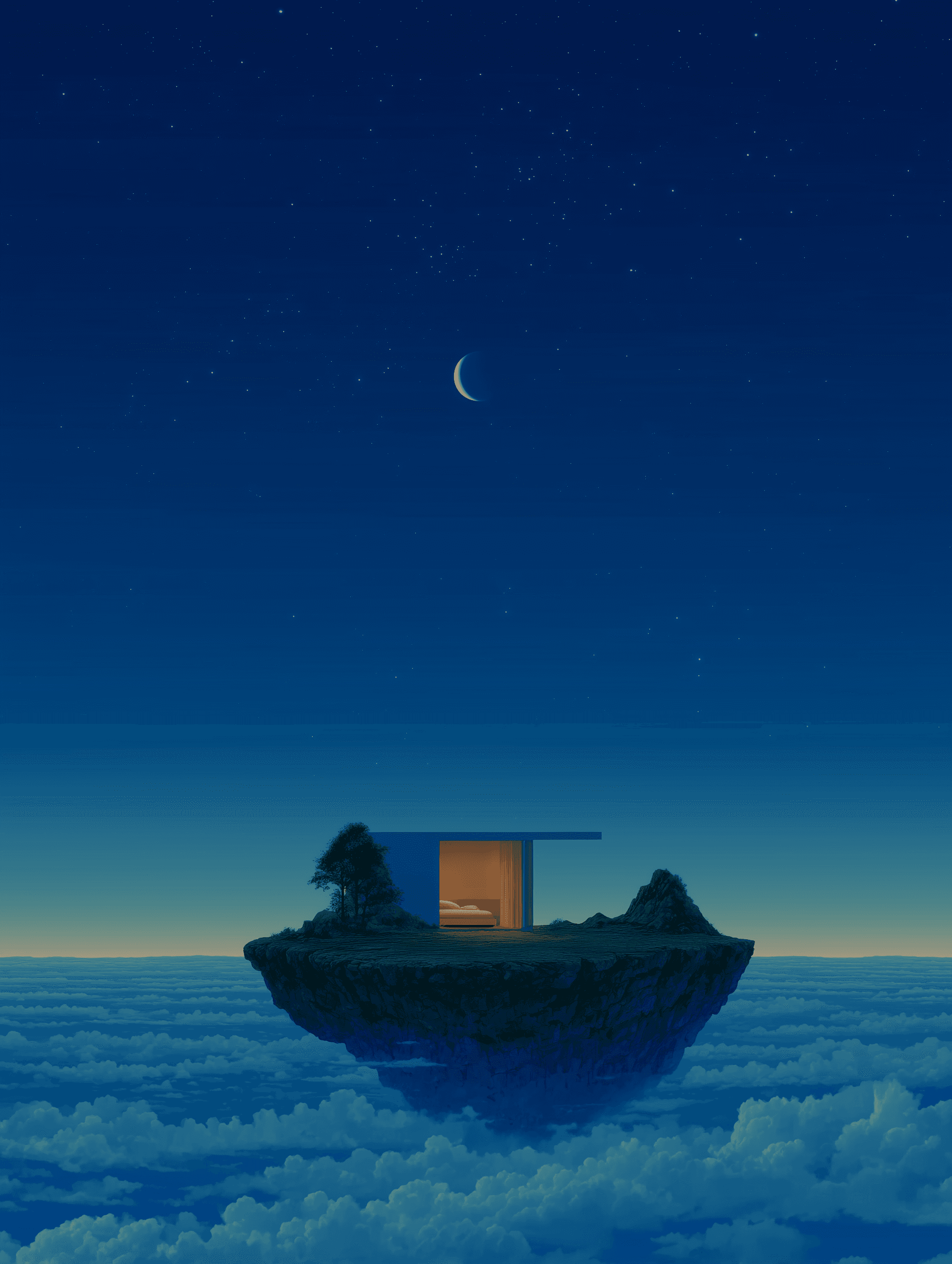 A minimalist pod on a floating island beneath a crescent moon