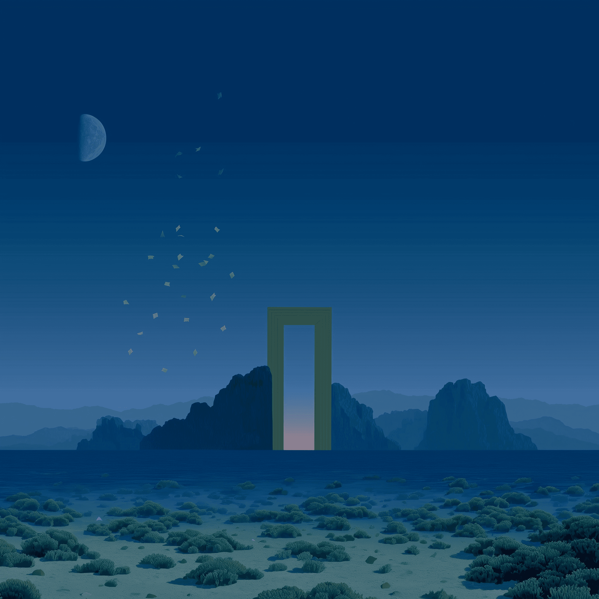 An isolated door standing on a desert coast at dusk
