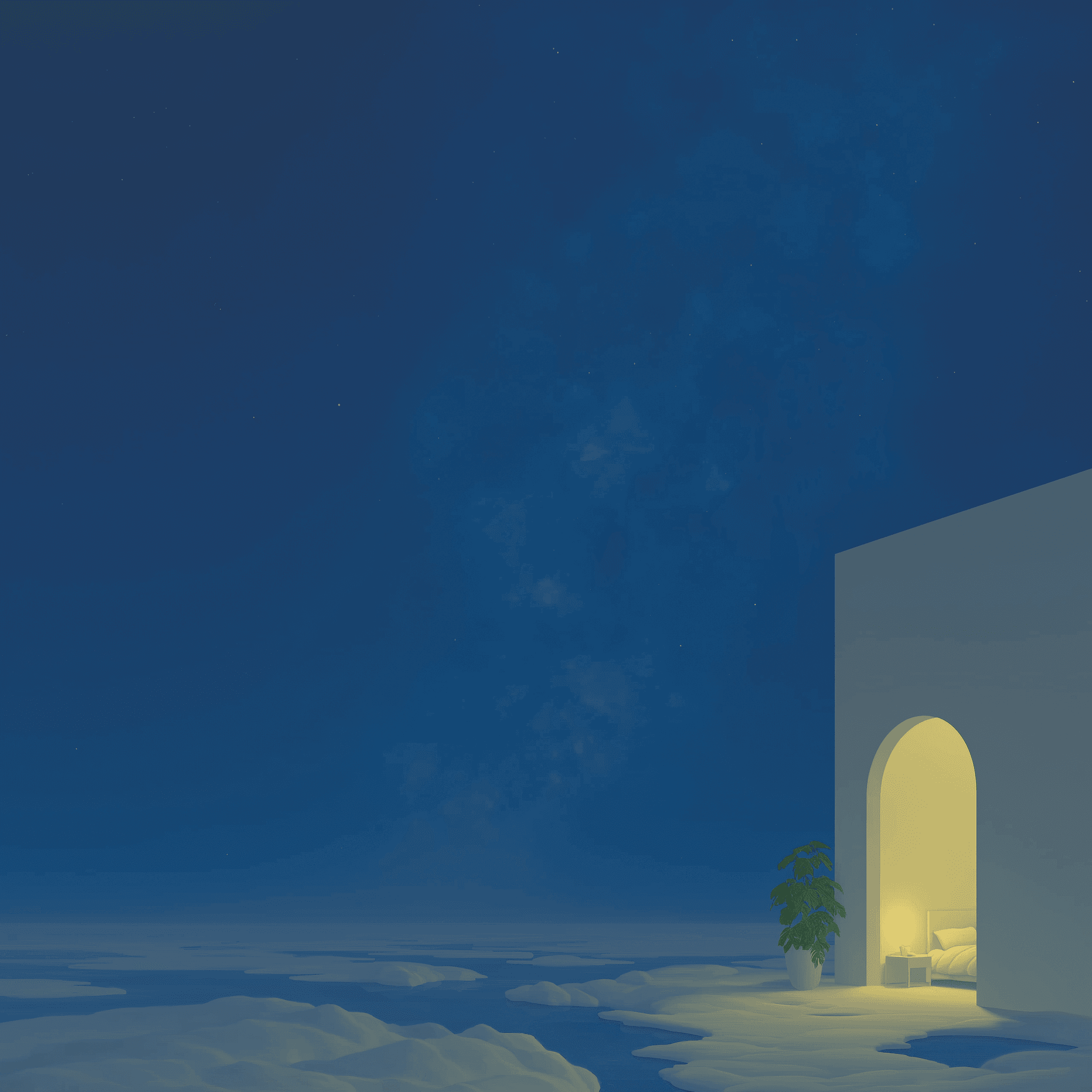 An arch-lit room resting above the clouds